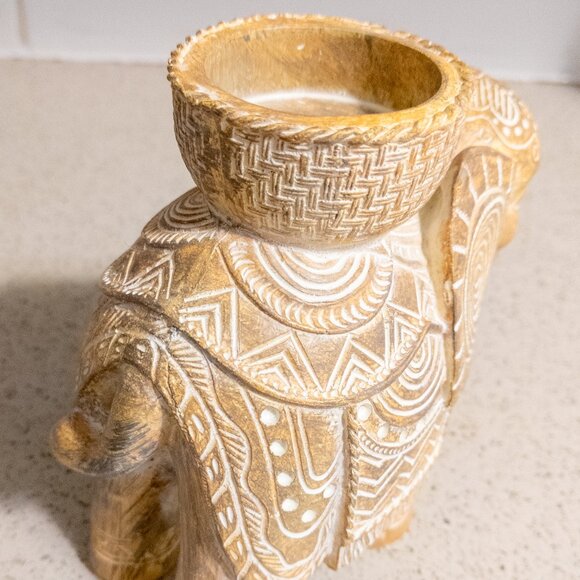 Carved Elephant Tea Light Holder Boho Decor Travel Animal Figure Hippie College - Picture 2 of 3